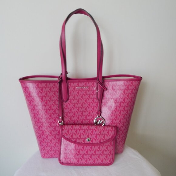 MICHAEL KORS Signature ELIZA Open Snap LG EW Tote w/ Wallet Set Deep Fuchsia NWT